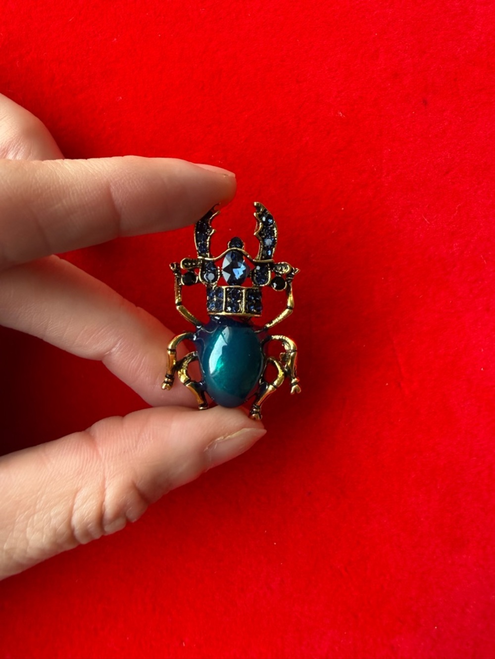 American Vintage Gold-Tone Beetle Brooch with Teal and Black Stones